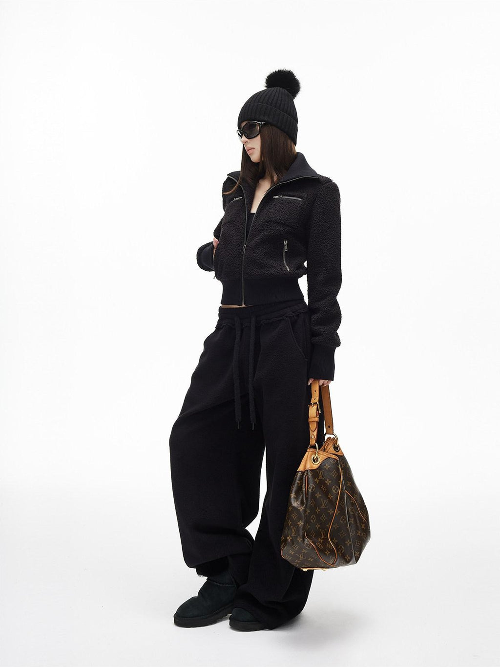 iamxiaa Soft Drawstring Elastic Waist Relaxed Curved Hem Women's Fleece Chinos