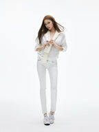 iamxiaa Soft Washed White Floral Embroidered Stitch Women's Stretch Cotton Skinny Jeans