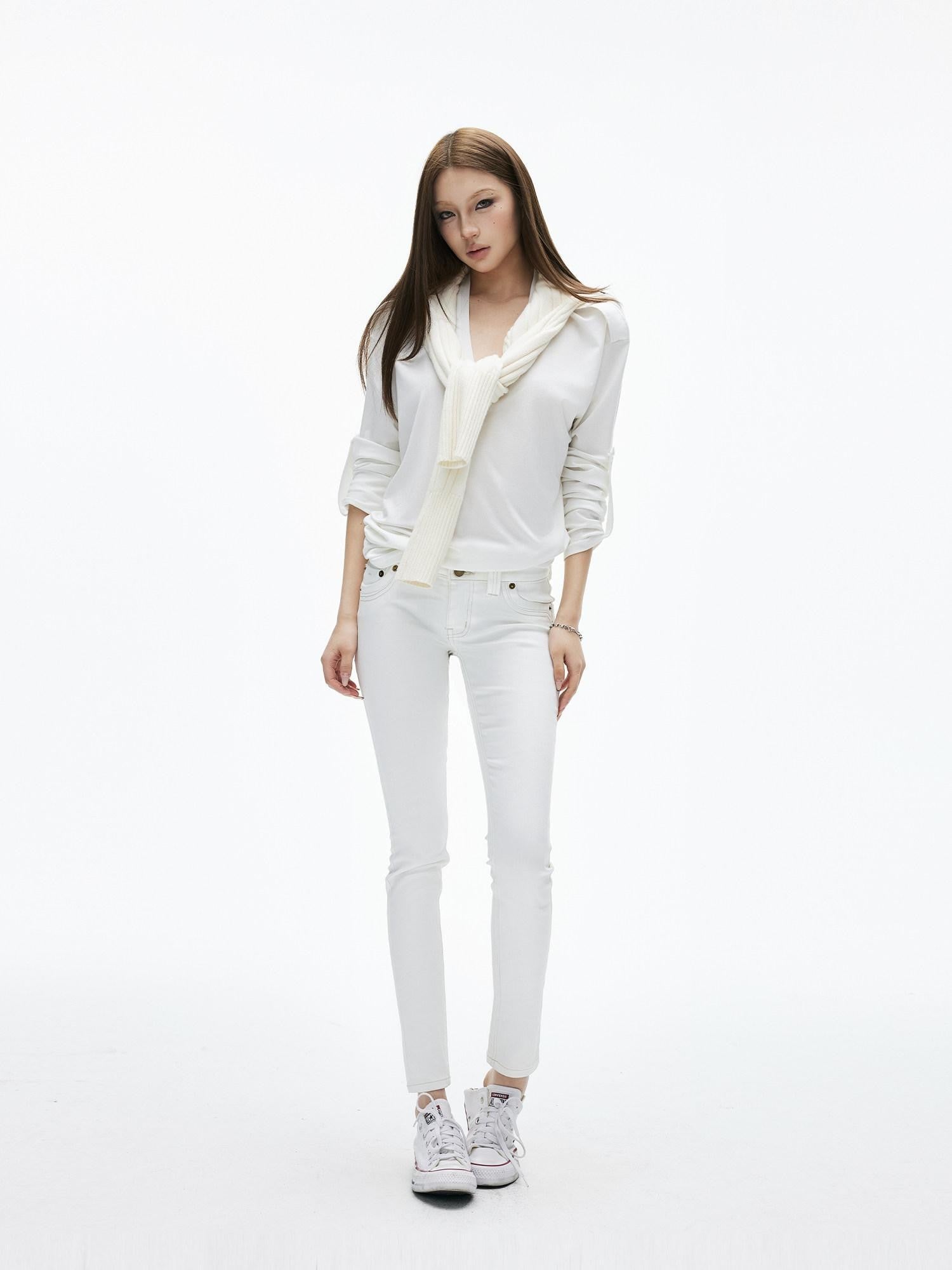iamxiaa Soft Washed White Floral Embroidered Stitch Women's Stretch Cotton Skinny Jeans