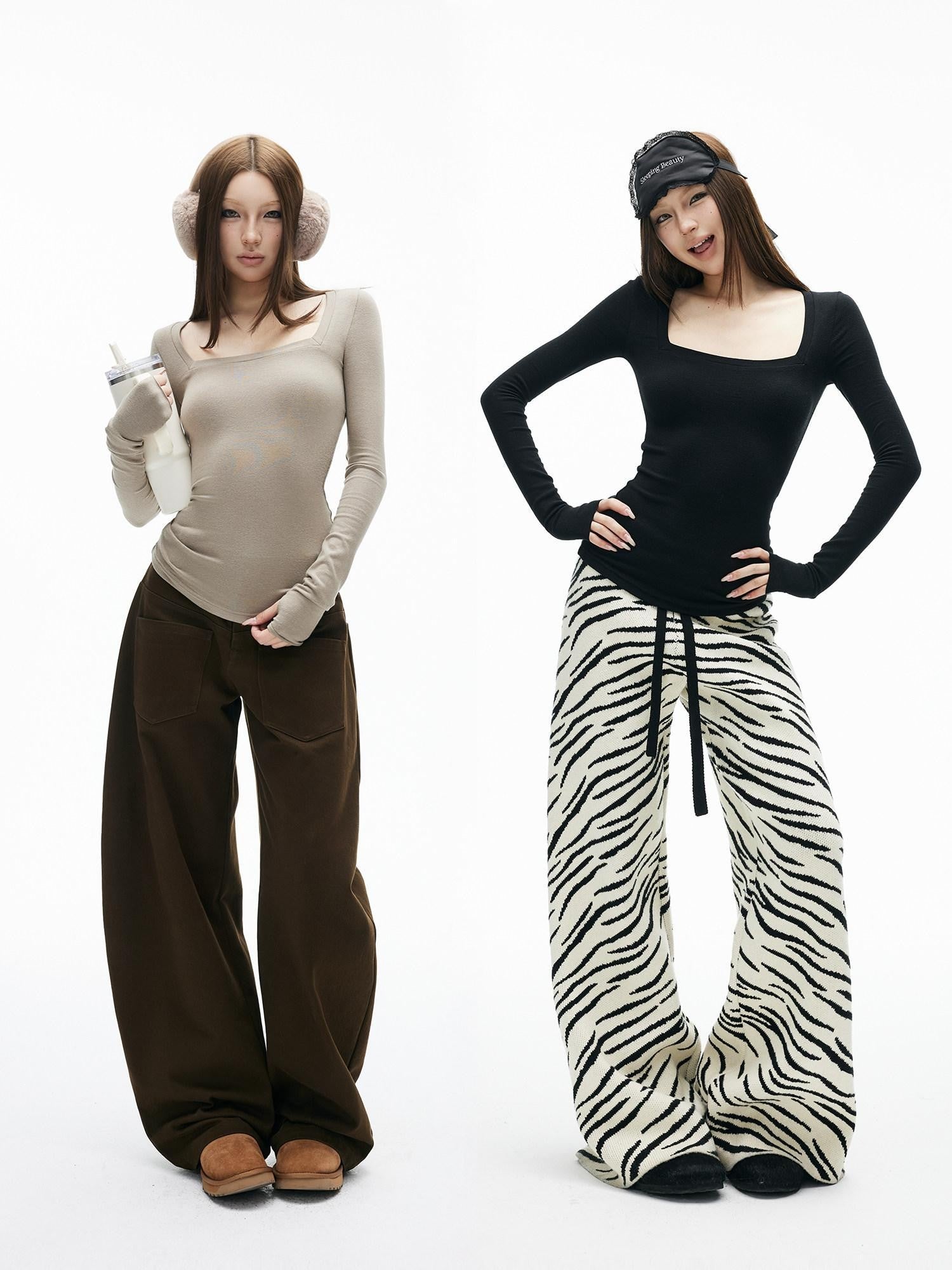 iamxiaa Square Neck Thumbhole Cuffs Two Tone Women's Cotton Wool Long Sleeve T-shirts