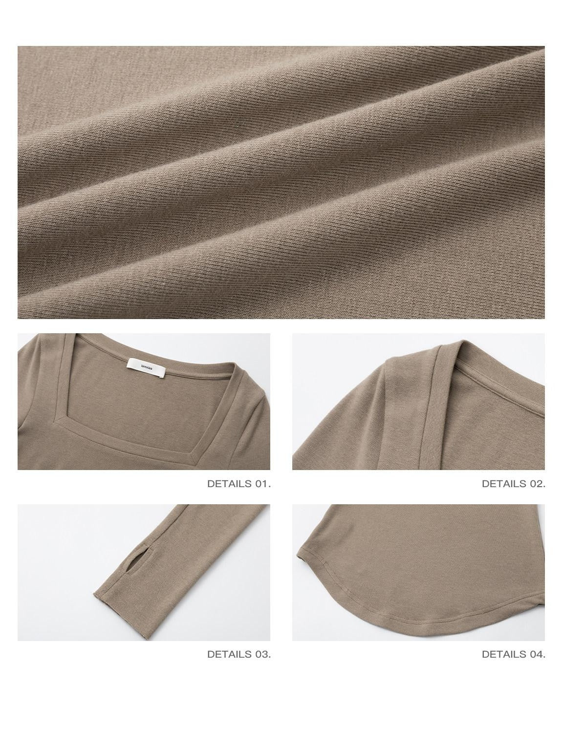 iamxiaa Square Neck Thumbhole Cuffs Two Tone Women's Cotton Wool Long Sleeve T-shirts