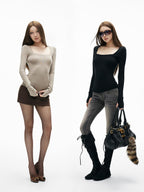 iamxiaa Square Neck Thumbhole Cuffs Two Tone Women's Cotton Wool Long Sleeve T-shirts
