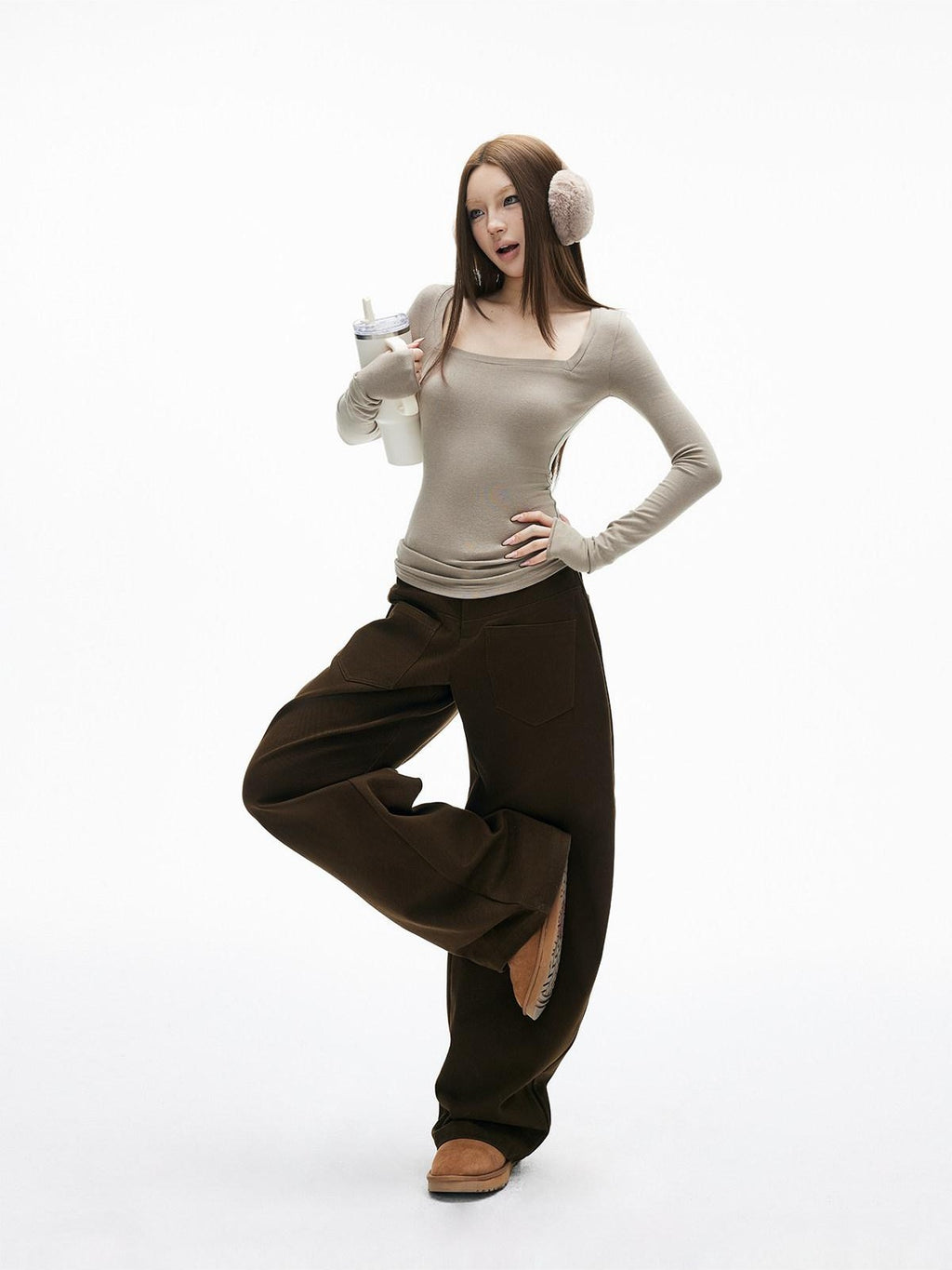 iamxiaa Square Neck Thumbhole Cuffs Two Tone Women's Cotton Wool Long Sleeve T-shirts