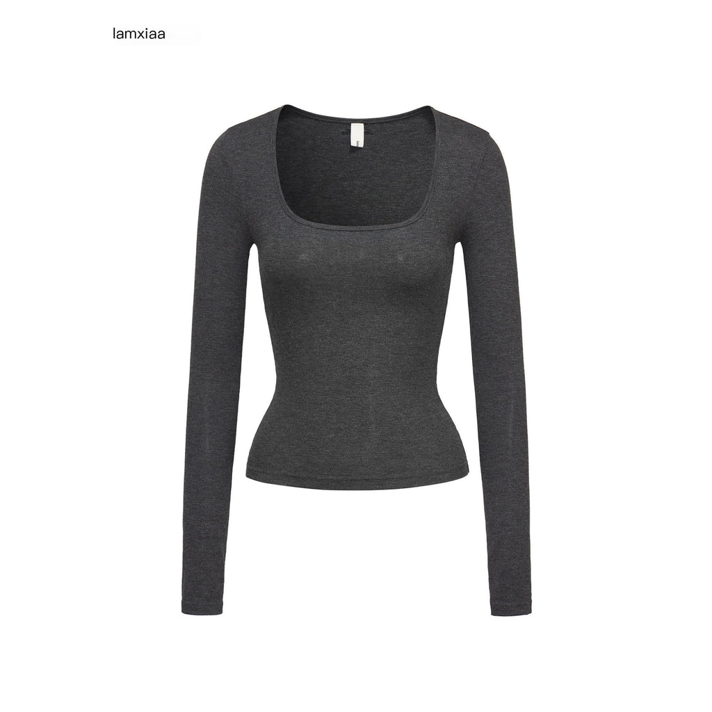 iamxiaa Square U Neck Slim Fit Set Shoulder Women's Stretch Knit Long Sleeve T-shirts 967389981709