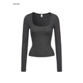 iamxiaa Square U Neck Slim Fit Set Shoulder Women's Stretch Knit Long Sleeve T-shirts 967389981709