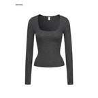 iamxiaa Square U Neck Slim Fit Set Shoulder Women's Stretch Knit Long Sleeve T-shirts 967389981709