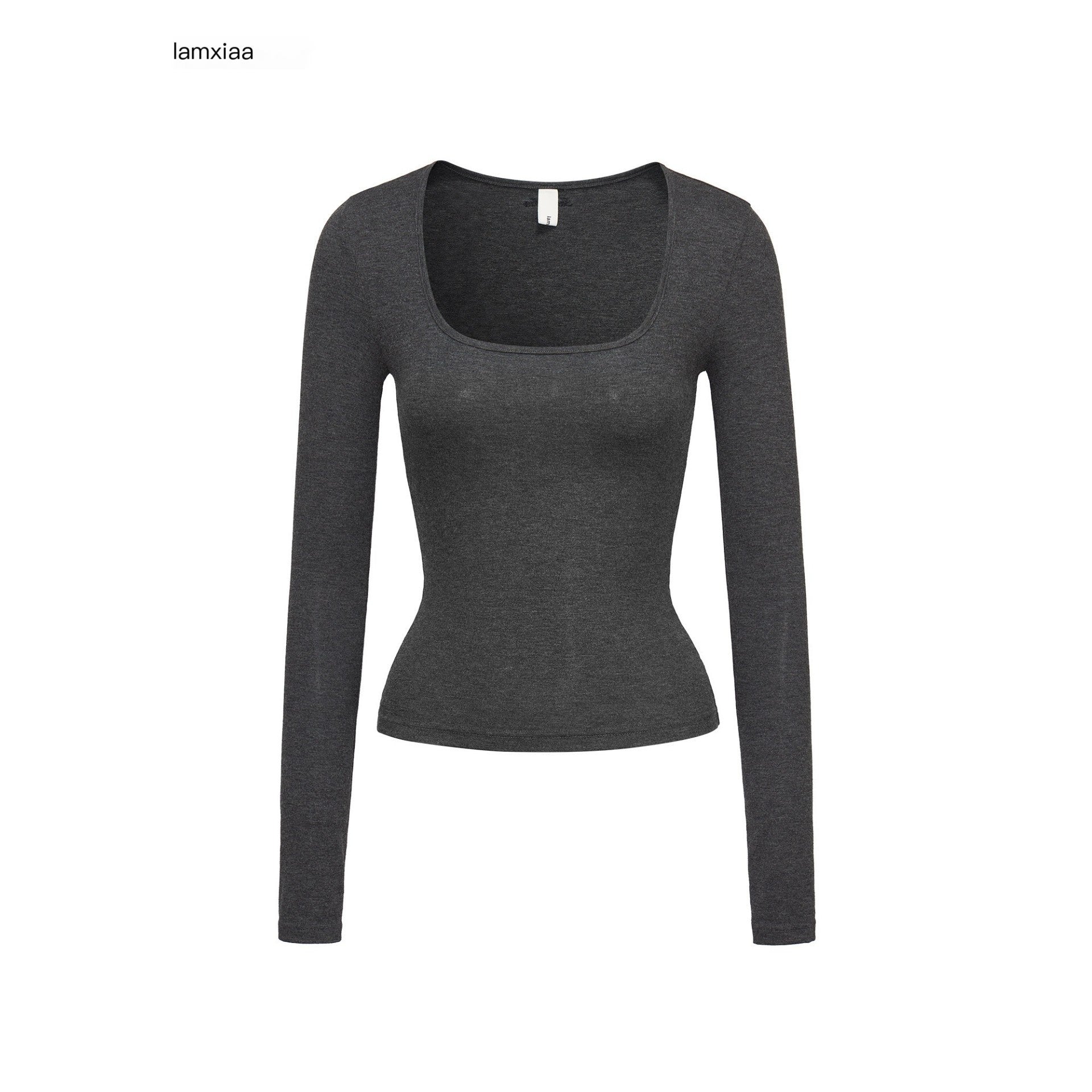 iamxiaa Square U Neck Slim Fit Set Shoulder Women's Stretch Knit Long Sleeve T-shirts 967389981709