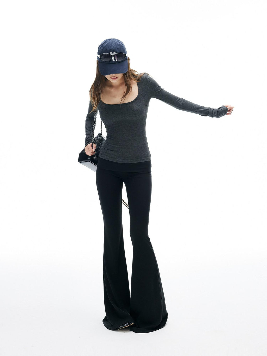 iamxiaa Square U Neck Slim Fit Set Shoulder Women's Stretch Knit Long Sleeve T-shirts