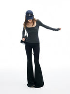 iamxiaa Square U Neck Slim Fit Set Shoulder Women's Stretch Knit Long Sleeve T-shirts