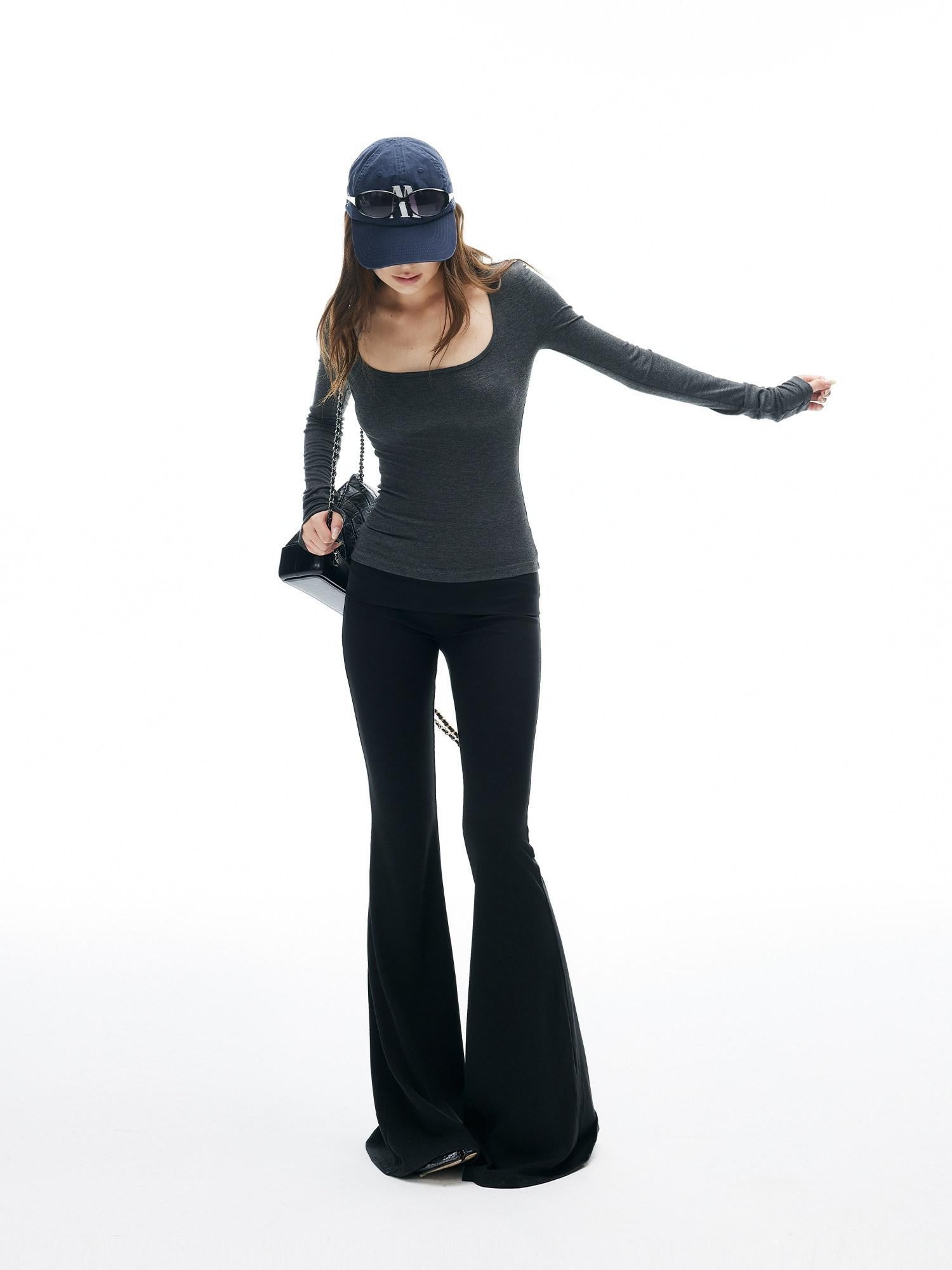 iamxiaa Square U Neck Slim Fit Set Shoulder Women's Stretch Knit Long Sleeve T-shirts