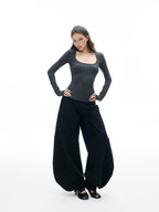 iamxiaa Square U Neck Slim Fit Set Shoulder Women's Stretch Knit Long Sleeve T-shirts