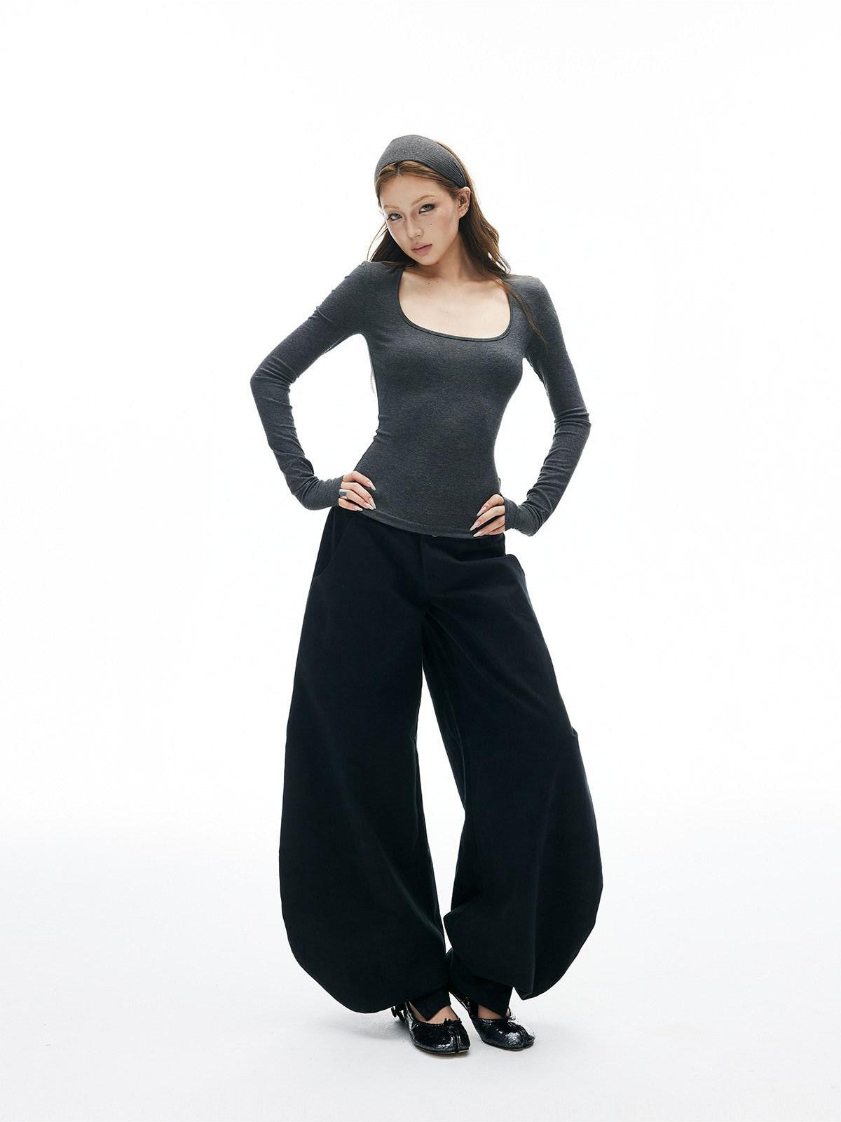 iamxiaa Square U Neck Slim Fit Set Shoulder Women's Stretch Knit Long Sleeve T-shirts