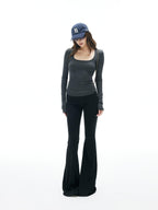 iamxiaa Square U Neck Slim Fit Set Shoulder Women's Stretch Knit Long Sleeve T-shirts