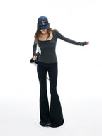 iamxiaa Square U Neck Slim Fit Set Shoulder Women's Stretch Knit Long Sleeve T-shirts
