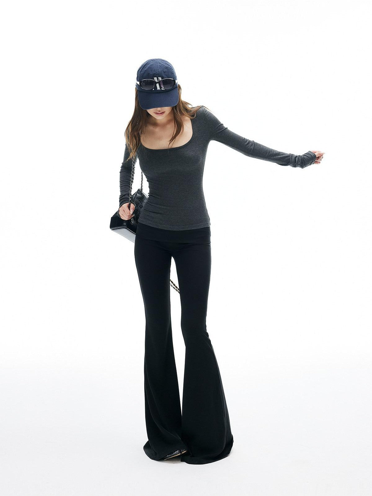 iamxiaa Square U Neck Slim Fit Set Shoulder Women's Stretch Knit Long Sleeve T-shirts