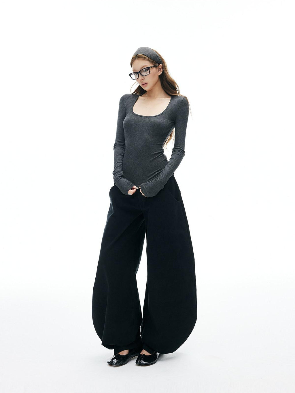 iamxiaa Square U Neck Slim Fit Set Shoulder Women's Stretch Knit Long Sleeve T-shirts
