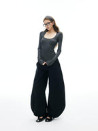 iamxiaa Square U Neck Slim Fit Set Shoulder Women's Stretch Knit Long Sleeve T-shirts