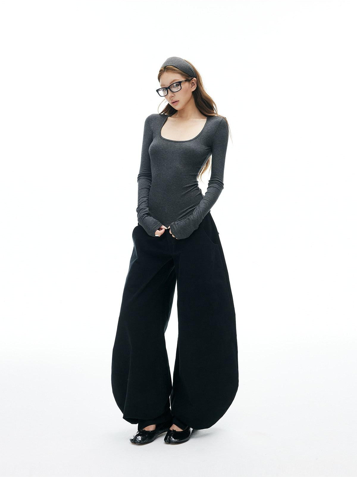 iamxiaa Square U Neck Slim Fit Set Shoulder Women's Stretch Knit Long Sleeve T-shirts