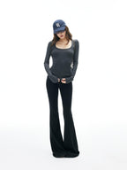 iamxiaa Square U Neck Slim Fit Set Shoulder Women's Stretch Knit Long Sleeve T-shirts