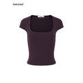 iamxiaa Square U Neck Slim Fit Small Flutter Sleeve Women's Short Sleeve T-shirts 906987740895