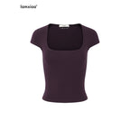 iamxiaa Square U Neck Slim Fit Small Flutter Sleeve Women's Short Sleeve T-shirts 906987740895