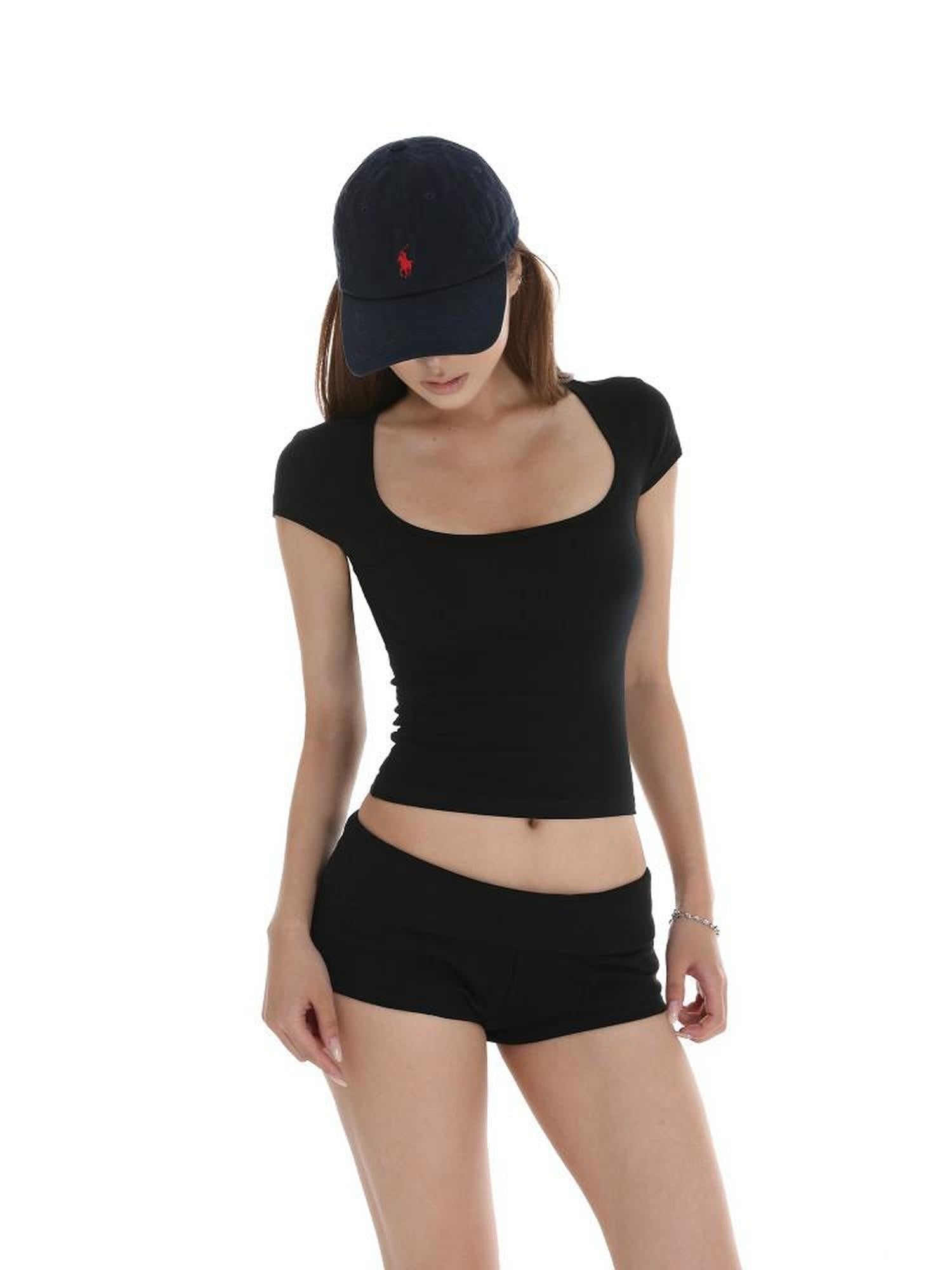 iamxiaa Square U Neck Slim Fit Small Flutter Sleeve Women's Short Sleeve T-shirts