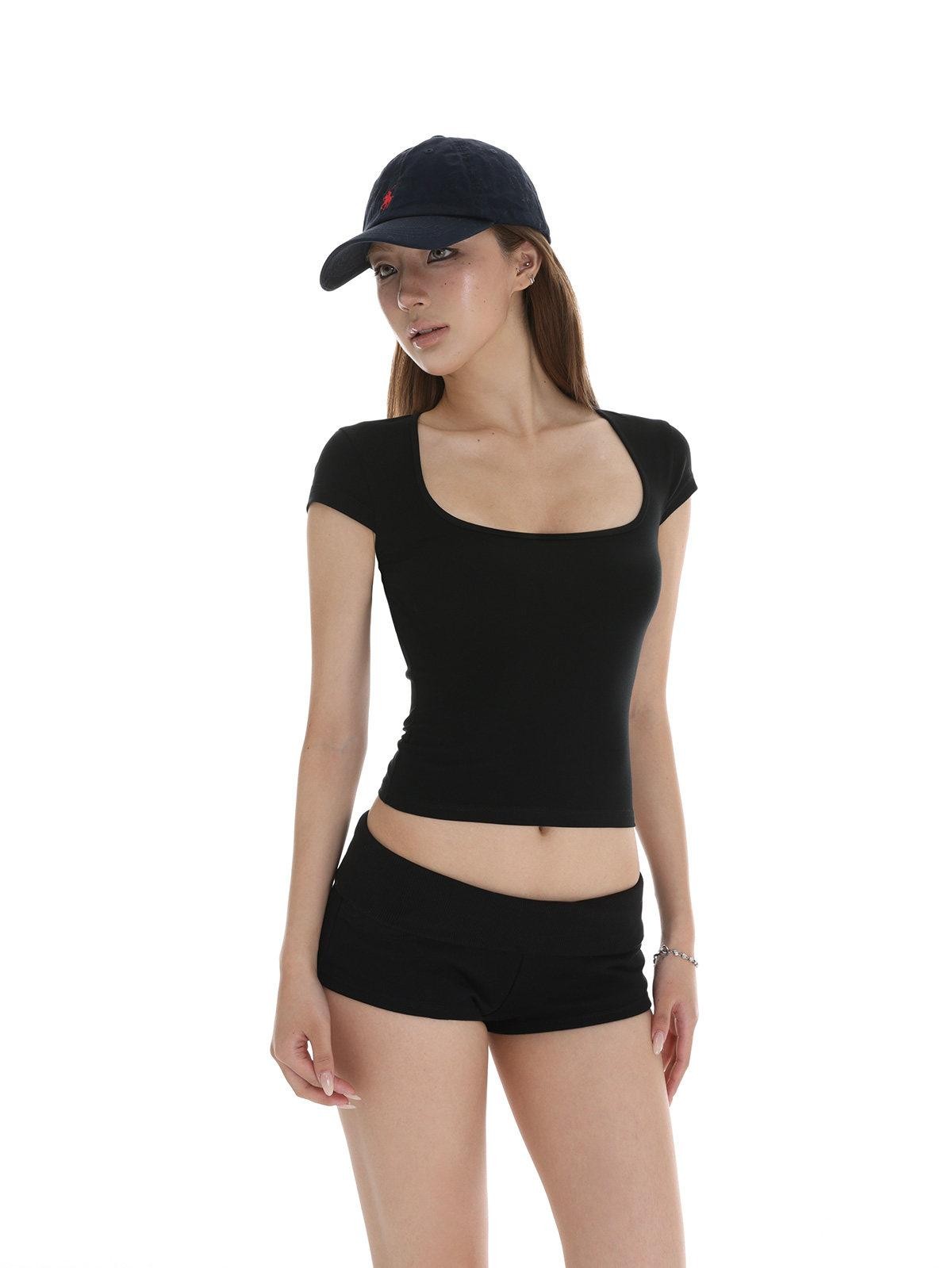 iamxiaa Square U Neck Slim Fit Small Flutter Sleeve Women's Short Sleeve T-shirts