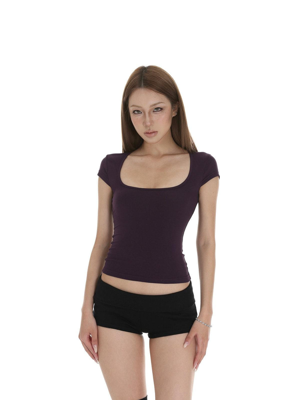 iamxiaa Square U Neck Slim Fit Small Flutter Sleeve Women's Short Sleeve T-shirts