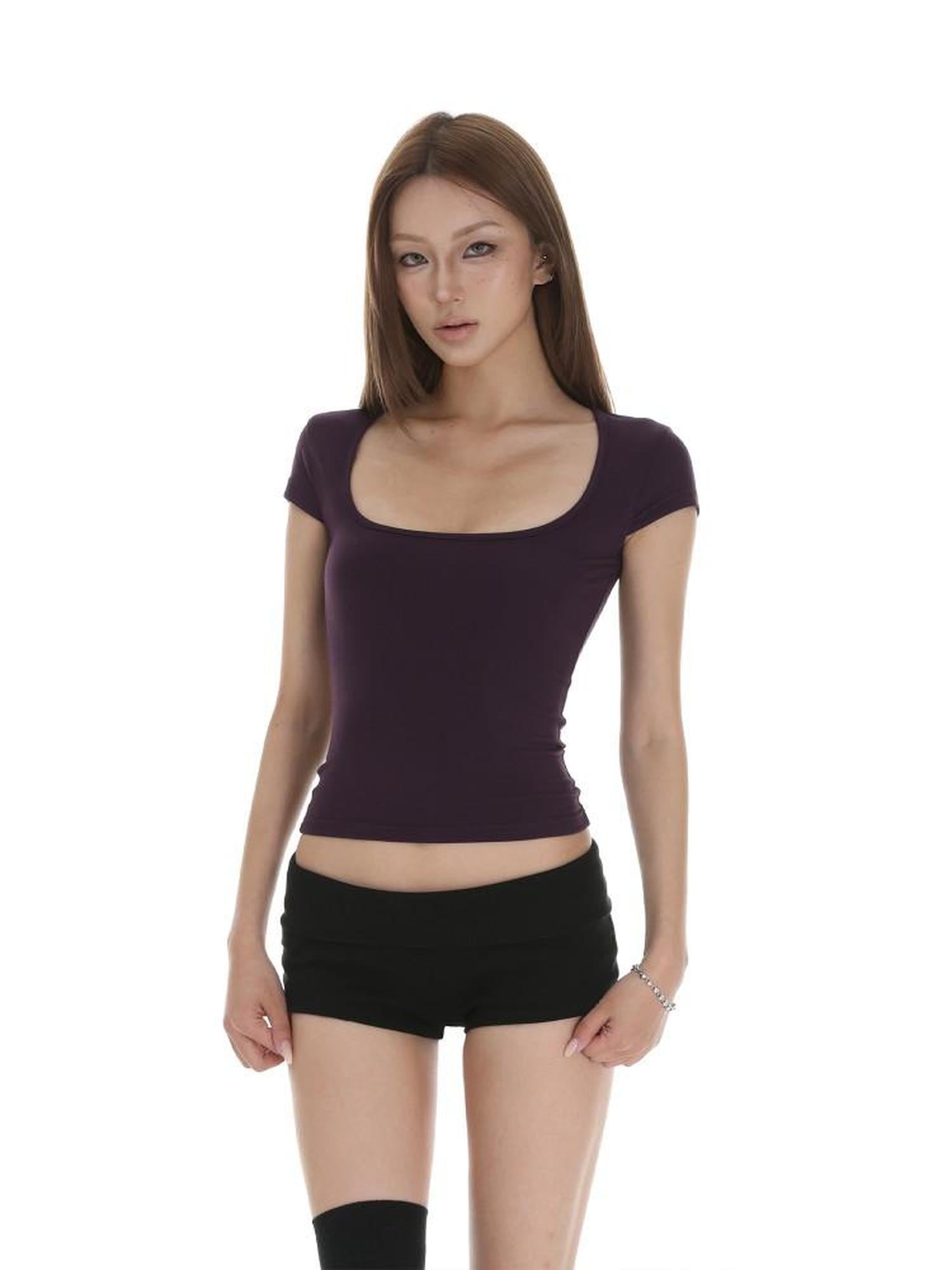 iamxiaa Square U Neck Slim Fit Small Flutter Sleeve Women's Short Sleeve T-shirts