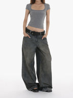 iamxiaa Stonewash Distressed Rhinestone Low Rise Women's Denim Wide-leg Jeans