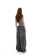 iamxiaa Stonewash Distressed Rhinestone Low Rise Women's Denim Wide-leg Jeans