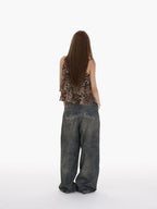 iamxiaa Stonewash Distressed Rhinestone Low Rise Women's Denim Wide-leg Jeans