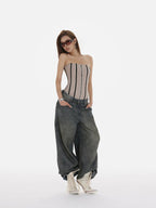 iamxiaa Stonewash Distressed Rhinestone Low Rise Women's Denim Wide-leg Jeans
