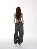 iamxiaa Stonewash Distressed Rhinestone Low Rise Women's Denim Wide-leg Jeans