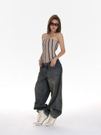 iamxiaa Stonewash Distressed Rhinestone Low Rise Women's Denim Wide-leg Jeans