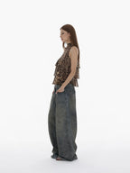 iamxiaa Stonewash Distressed Rhinestone Low Rise Women's Denim Wide-leg Jeans