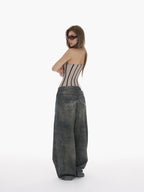 iamxiaa Stonewash Distressed Rhinestone Low Rise Women's Denim Wide-leg Jeans