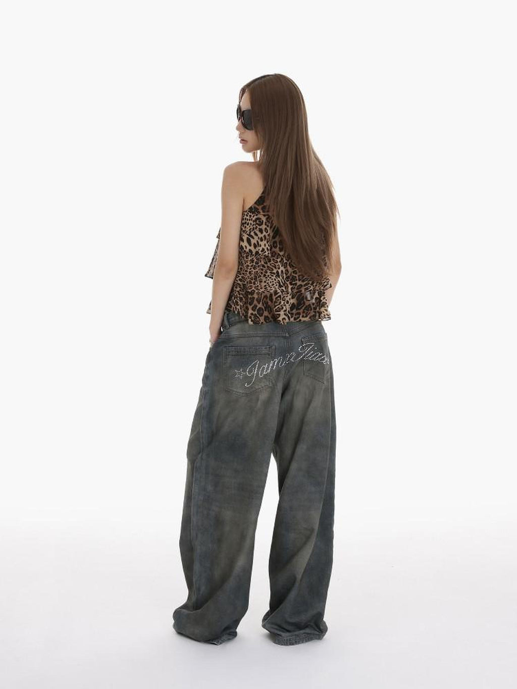 iamxiaa Stonewash Distressed Rhinestone Low Rise Women's Denim Wide-leg Jeans