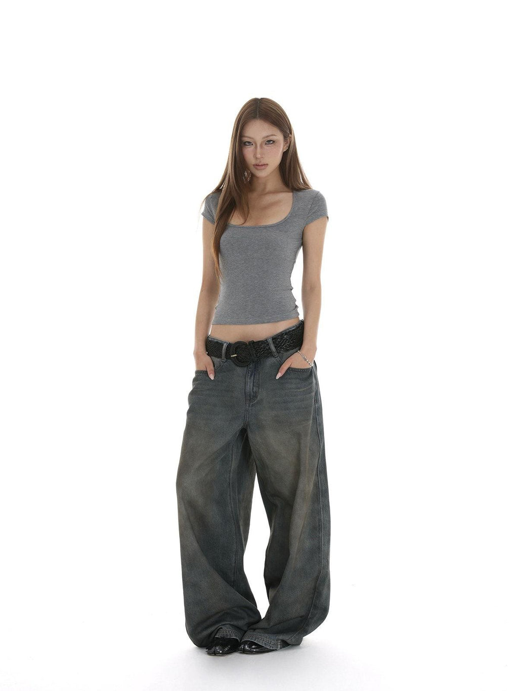 iamxiaa Stonewash Distressed Rhinestone Low Rise Women's Denim Wide-leg Jeans