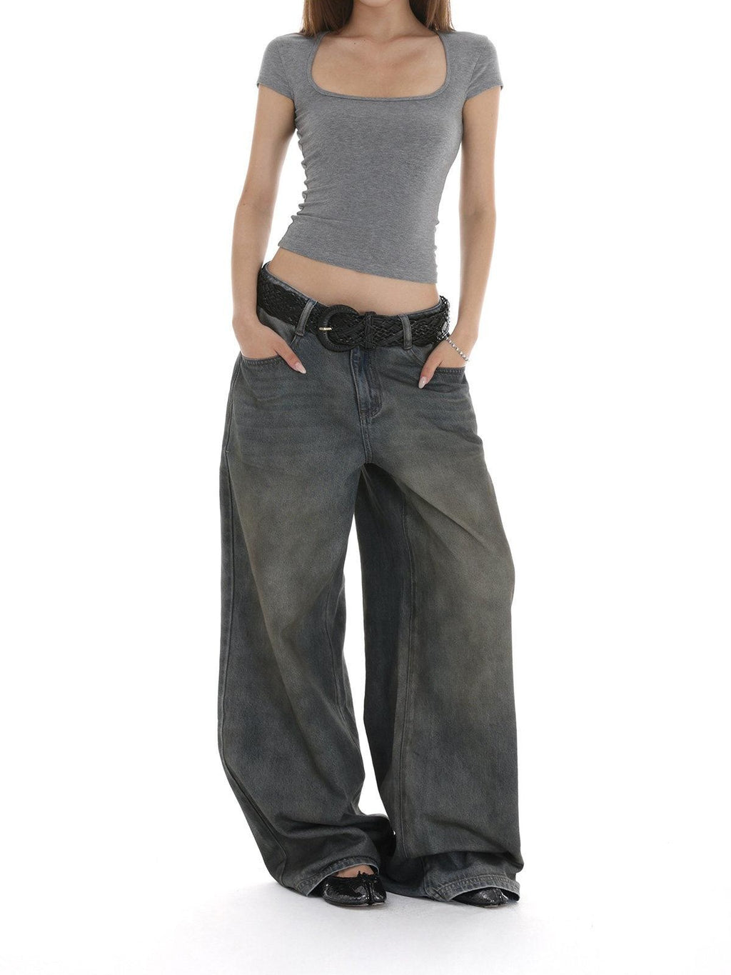 iamxiaa Stonewash Distressed Rhinestone Low Rise Women's Denim Wide-leg Jeans