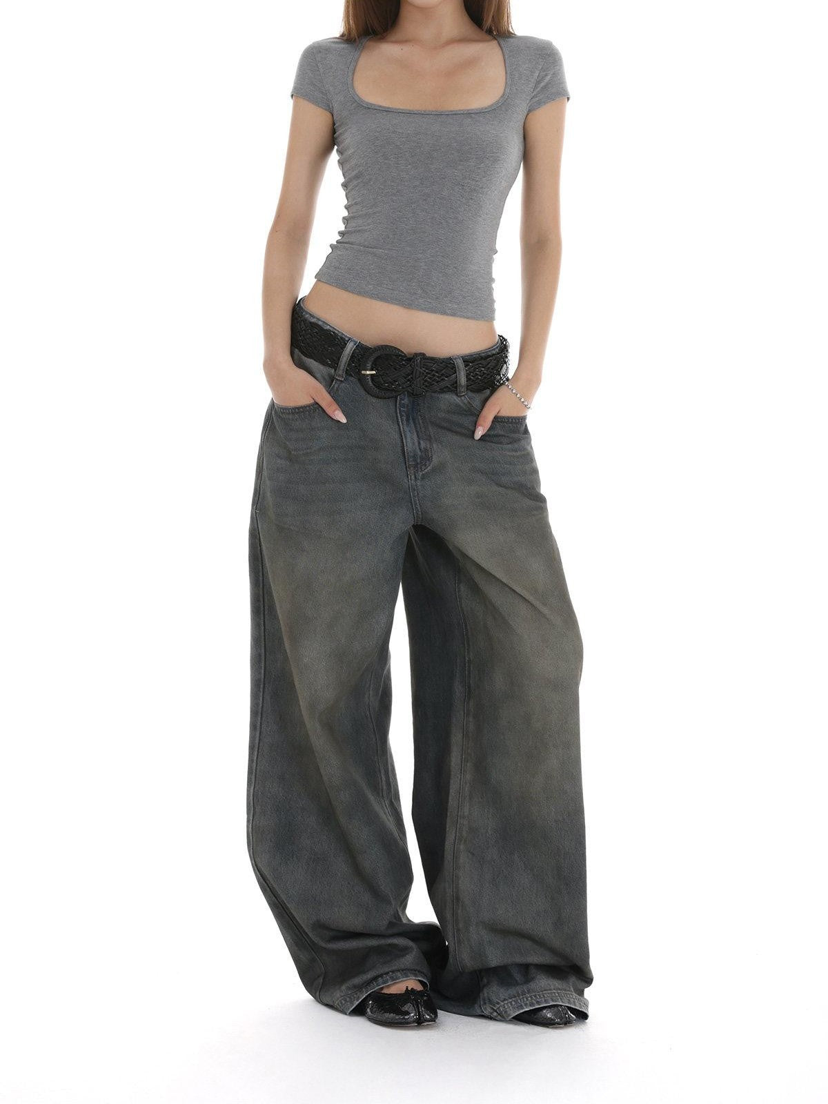 iamxiaa Stonewash Distressed Rhinestone Low Rise Women's Denim Wide-leg Jeans
