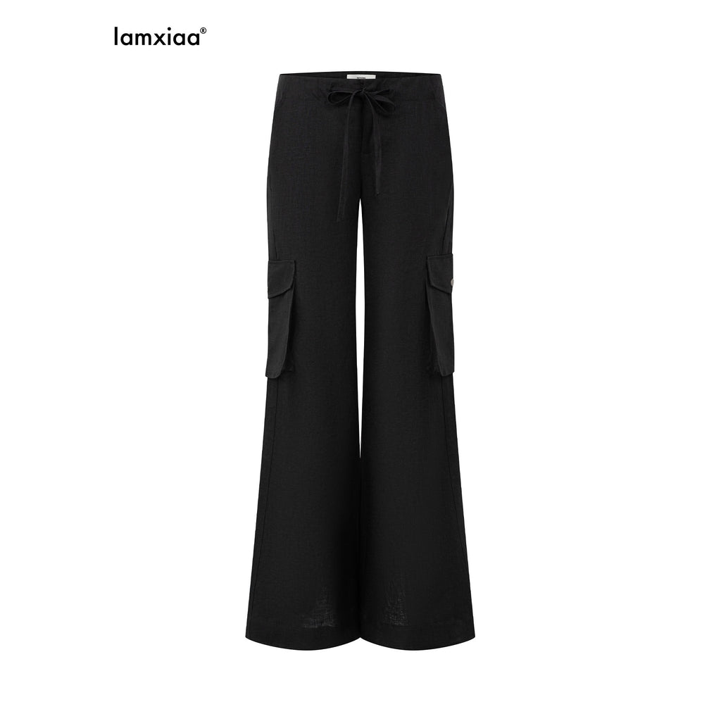 iamxiaa Street Drawstring Low Waist Cargo Women's 90s Linen Flare Pants 1043675446962
