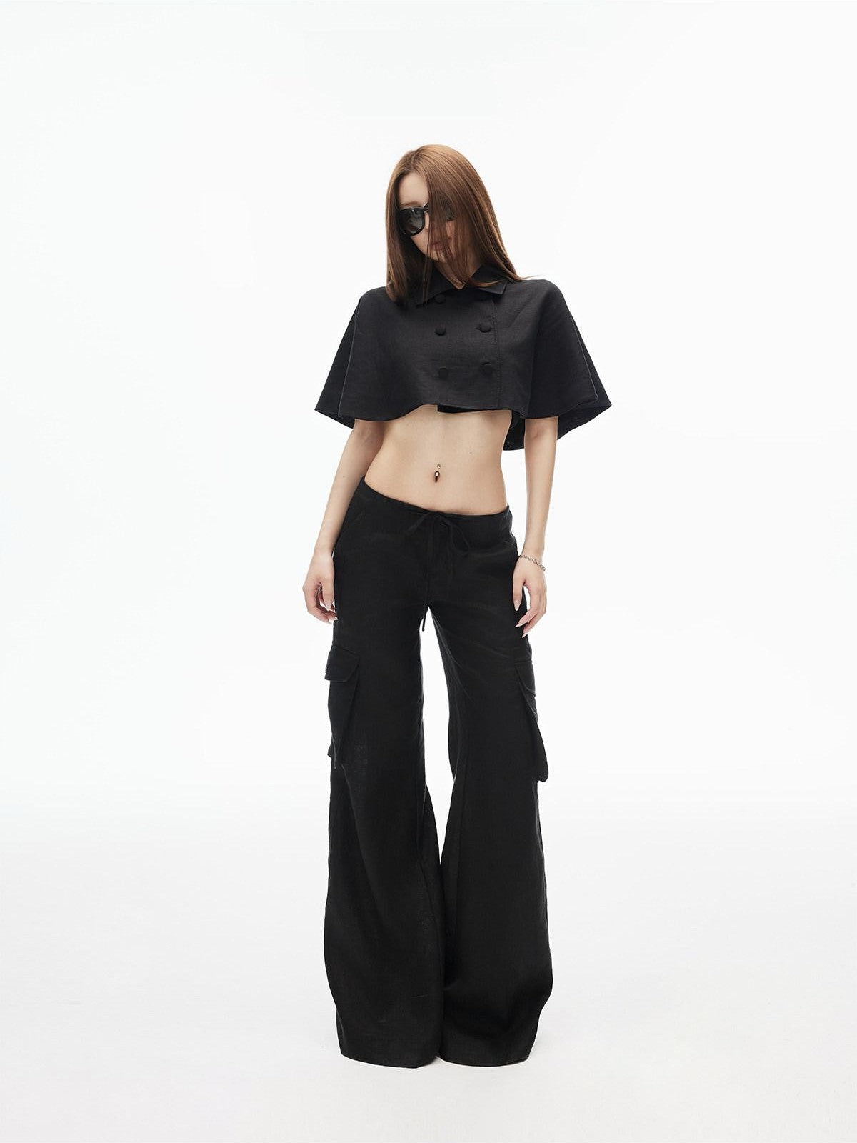 Street Drawstring Low Waist Cargo Women's 90s Linen Flare Pants