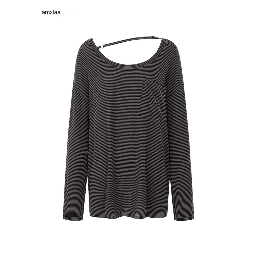 iamxiaa Striped Asymmetric Adjustable Strap Women's Tencel Wool Long Sleeve T-shirts 950272414924