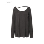 iamxiaa Striped Asymmetric Adjustable Strap Women's Tencel Wool Long Sleeve T-shirts 950272414924