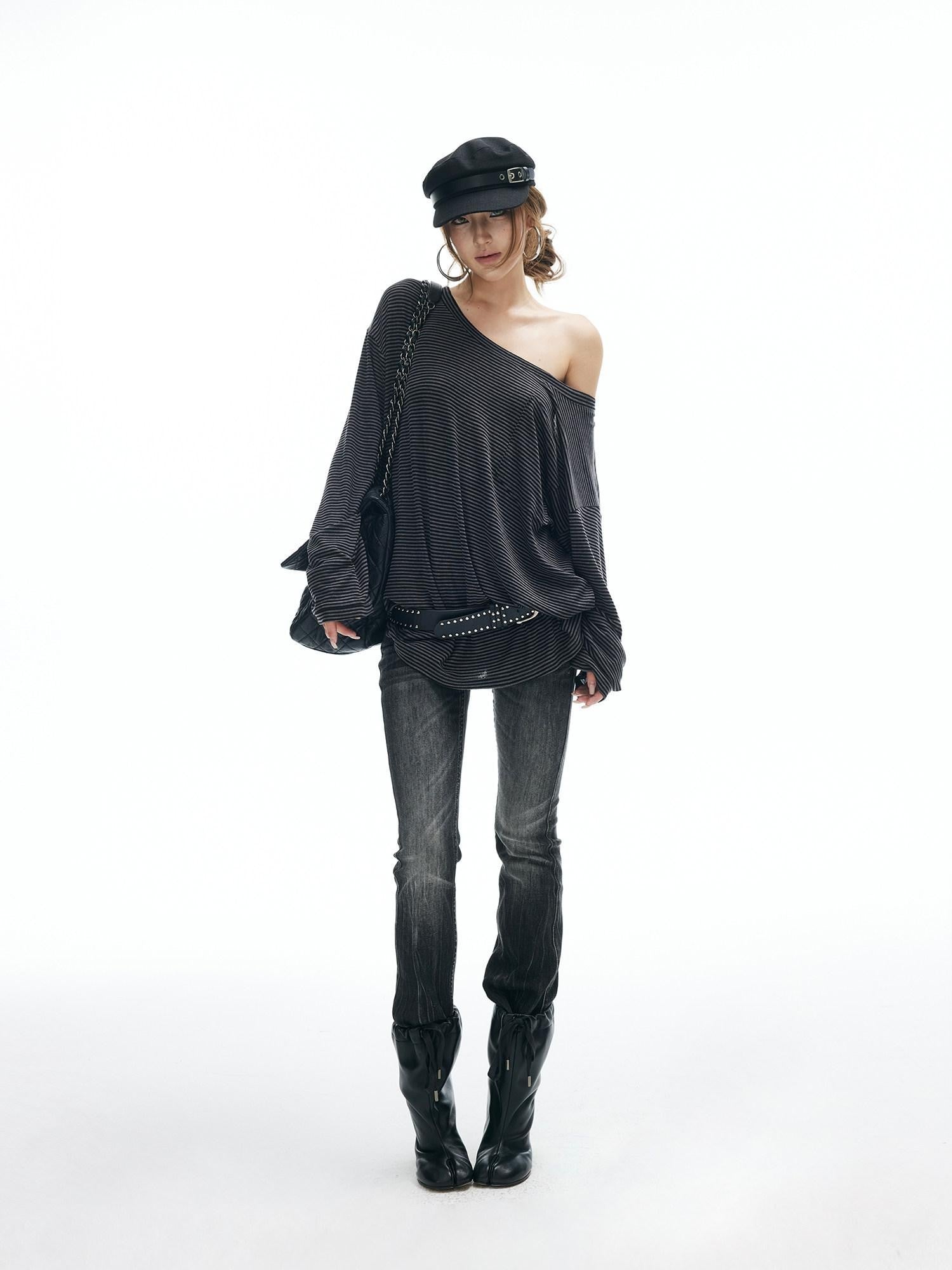 iamxiaa Striped Asymmetric Adjustable Strap Women's Tencel Wool Long Sleeve T-shirts