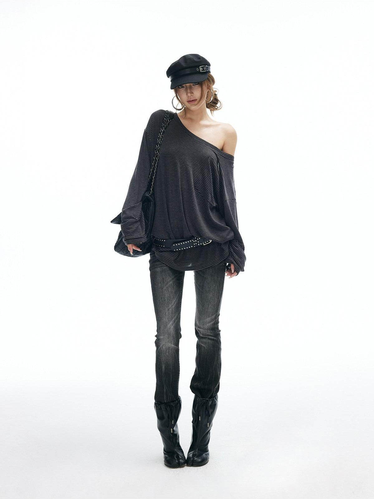 iamxiaa Striped Asymmetric Adjustable Strap Women's Tencel Wool Long Sleeve T-shirts