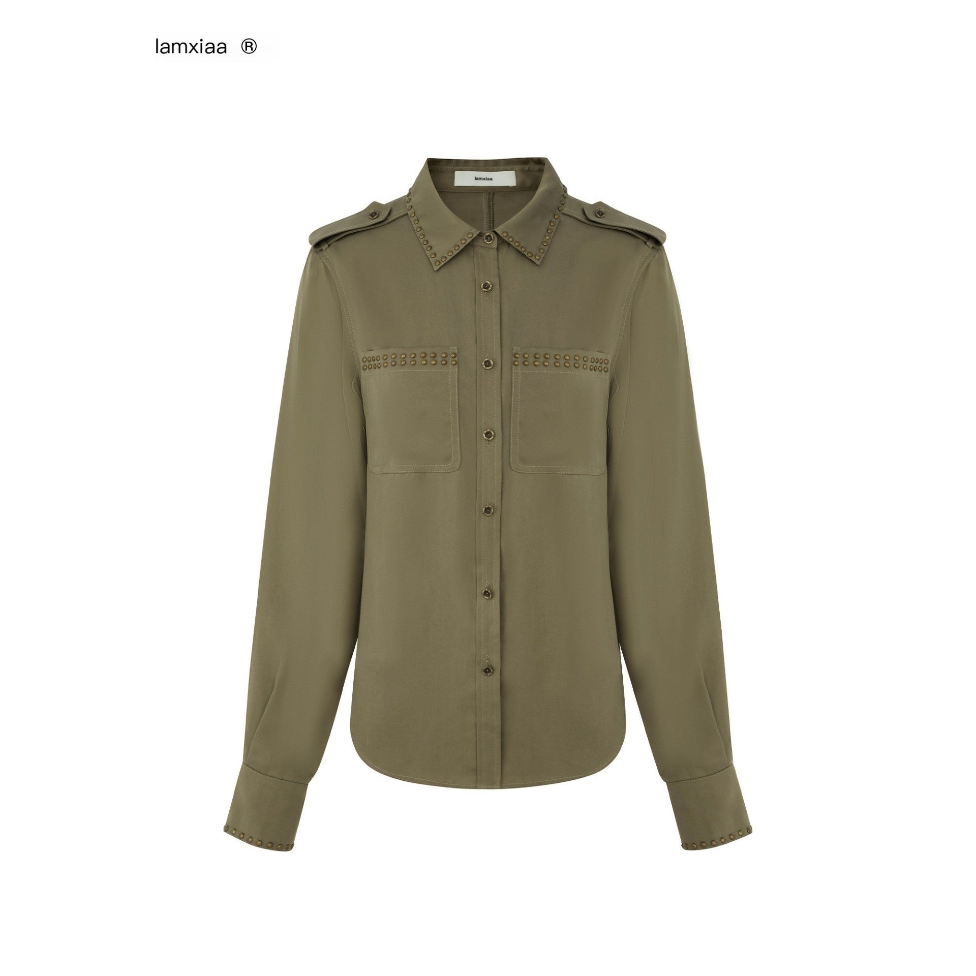 iamxiaa Stud Embellished Vintage Washed Shoulder Epaulet Women's Tencel Satin Shirts 956595182378