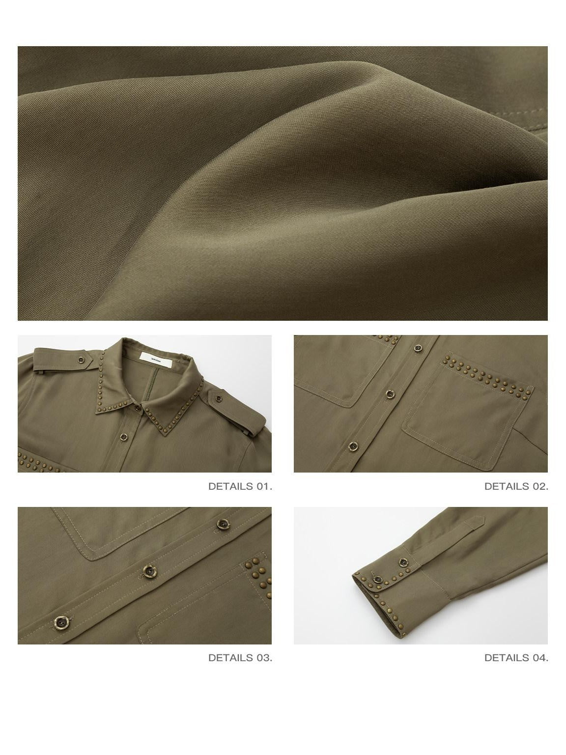 iamxiaa Stud Embellished Vintage Washed Shoulder Epaulet Women's Tencel Satin Shirts