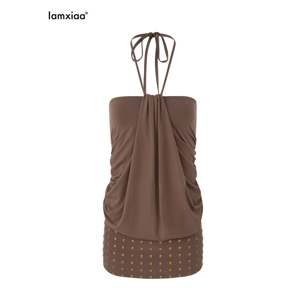 iamxiaa Stud Lace Up Halter Cinched Waist Bustier Bodycon Women's Slip Mini Dresses 936484817669